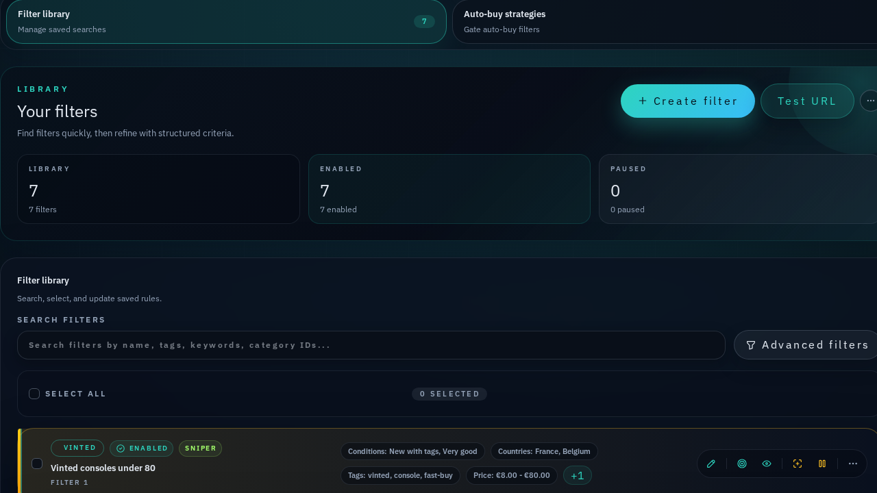 Reflow filter library showing Vinted sniper rules and enabled guardrails