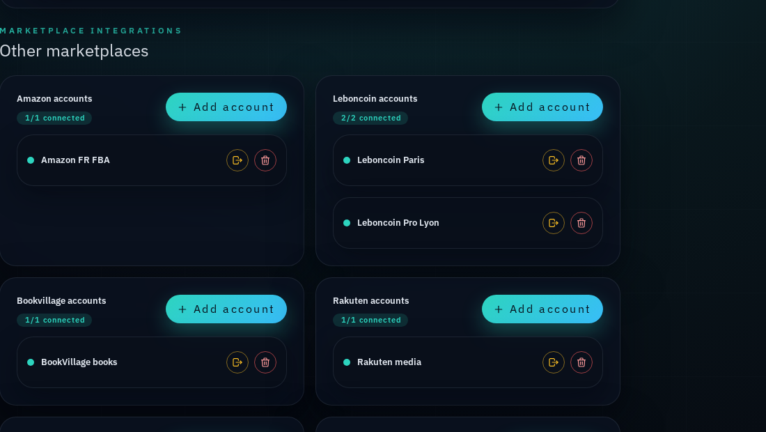 Intégrations marketplace Reflow connectées pour Amazon, leboncoin, BookVillage et Rakuten
