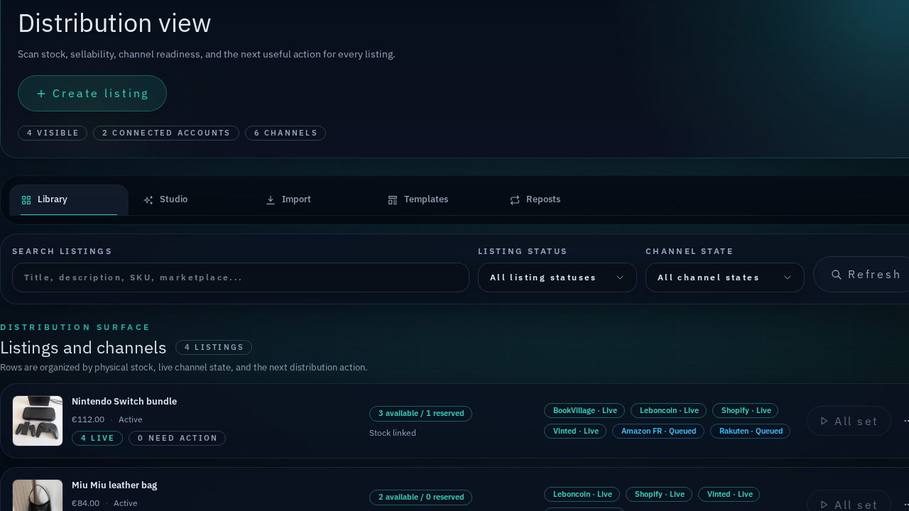 Reflow listings distribution workspace showing stock and marketplace channel states
