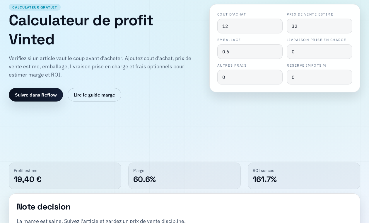 Calculateur de profit Vinted avec coût, prix de vente, marge et ROI