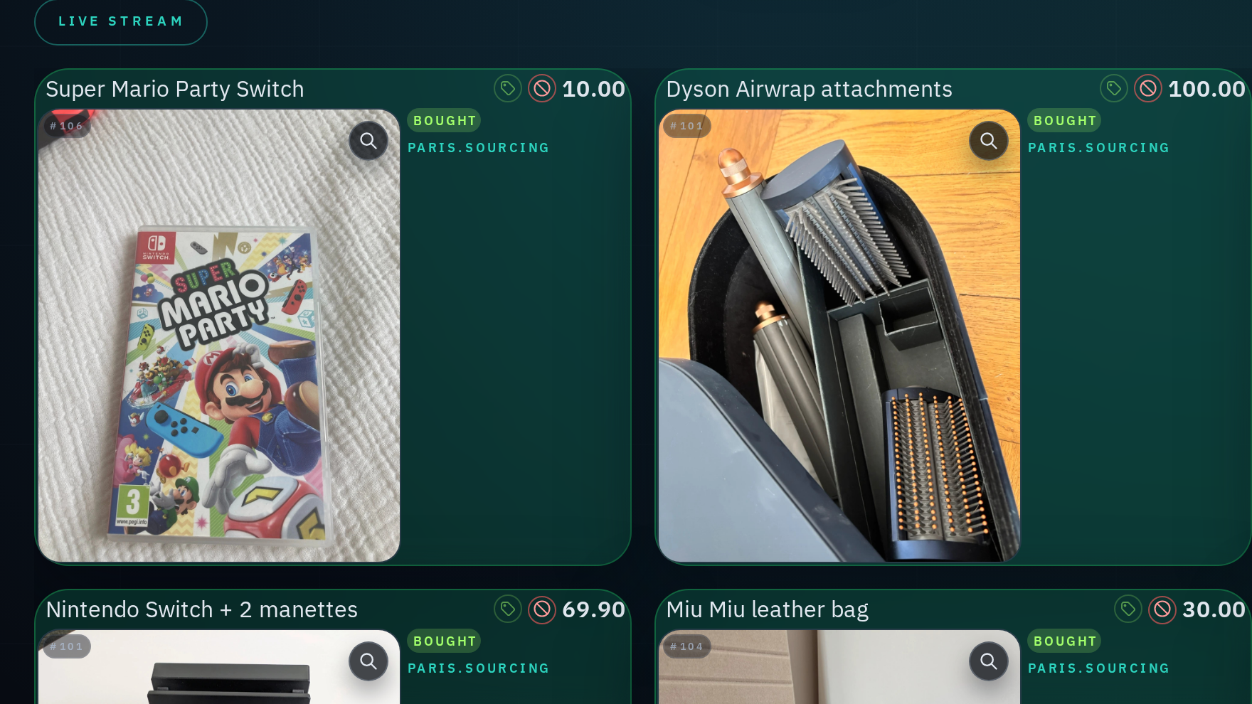 Reflow live stream close-up with bought Vinted deals and item photos