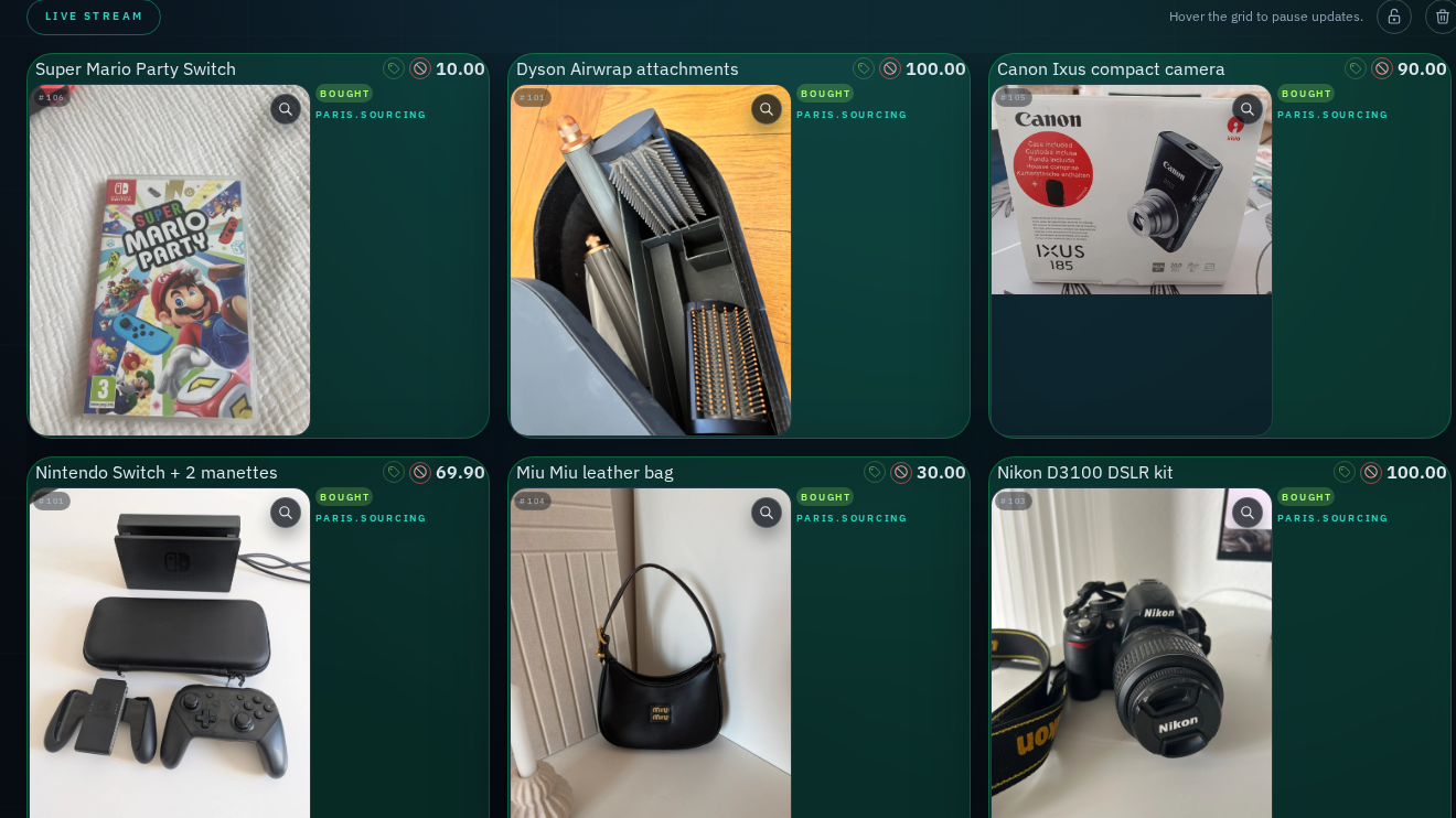 Feed live Reflow avec plusieurs deals Vinted achetés et photos d'articles