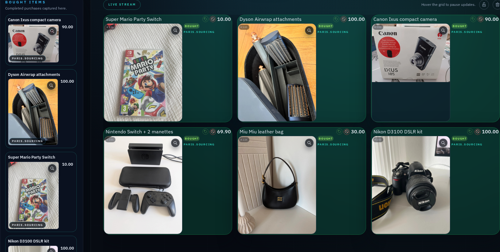 Reflow live sniping workspace with bought items and real Vinted listing photos