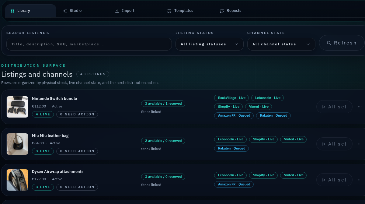 Reflow listings distribution workspace for multiple channels