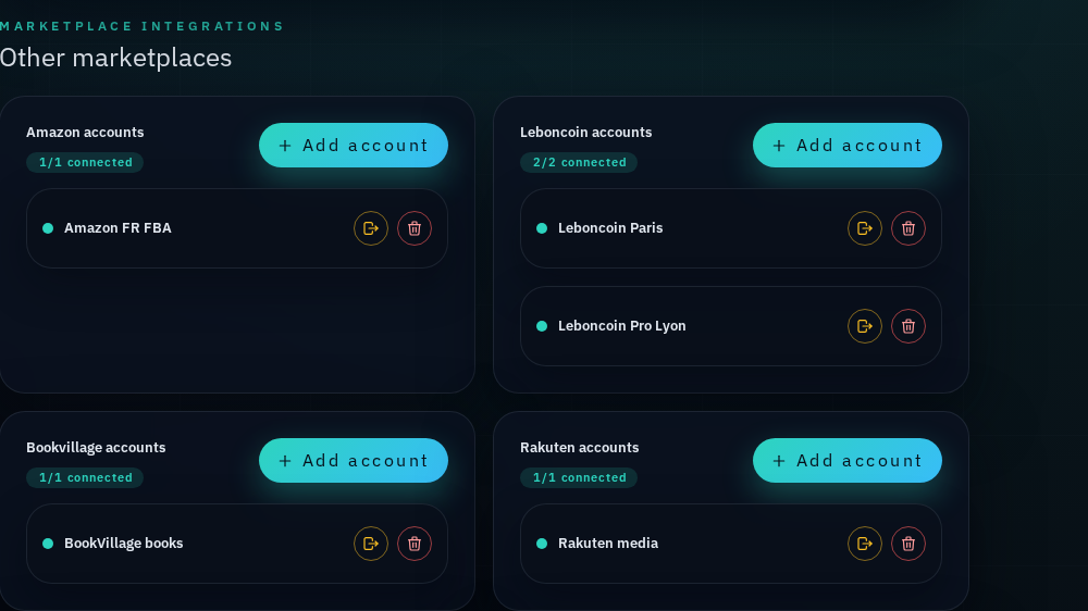 Reflow connected marketplace accounts for Amazon, Leboncoin, BookVillage, and Rakuten